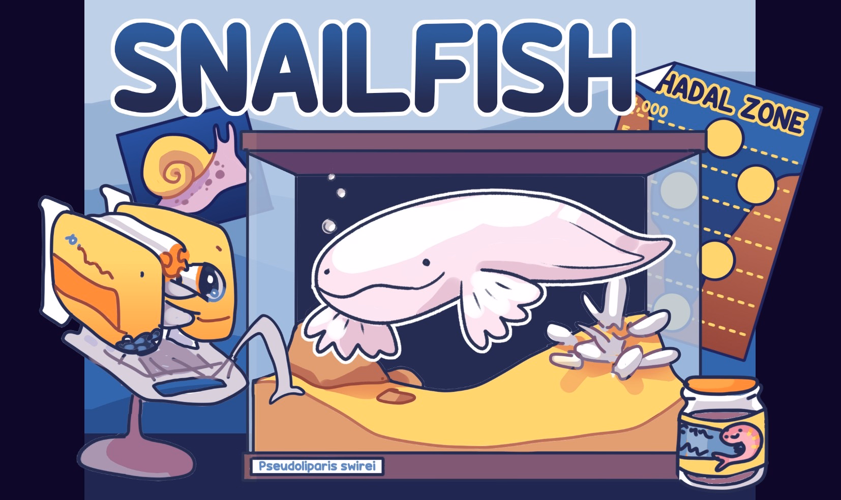 A screenshot of the new snailfish aquarium layout. It includes an aquarium with a pale pink snailfish, a poster of a snail, a hadal zone diagram, a jar of fish food with a shrimp label, and a model of the Nautilus deep sea vehicle. The sketches have a smooth cartoonish style and use a limited color palette of blues, pinks, yellows, oranges.