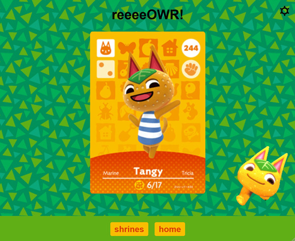 Screenshot of the new page featuring the orange cat from Animal Crossing. It has a Tangy amiibo card at the center, a gif of a Tangy that is only a head and legs, and an Animal Crossing grass texture background.