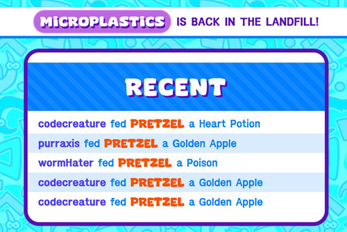 Screenshot of the new feed history page. It shows the usernames of the latest participants in worm race, including which item they fed to which worm. There is also a banner at the top indicating which worm is currently winning.