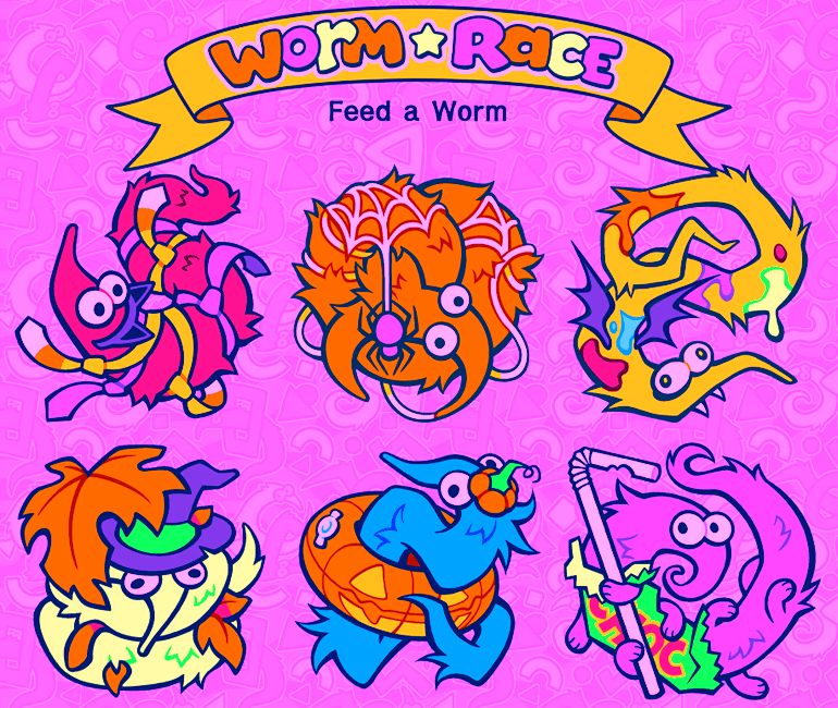 The worms in Halloween costumes. Jeremy has candy corn ties and a cat ear headband, Pretzel is covered in cobwebs, String Cheese has bat wings and fangs, Matilda has a large autumn leaf and a witch hat, Pool Noodle has a jack-o-lantern inner tube and a piece of pumpkin on their head, and Microplastics is wearing a crumpled candy wrapper like a dress.
