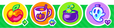 Four new food items: Caramel Apple, Pumpkin Spice Latte, Witch's Brew, and Ghost Potion.