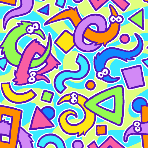 tiling background image featuring fuzzy worms intertwined with colorful shapes
