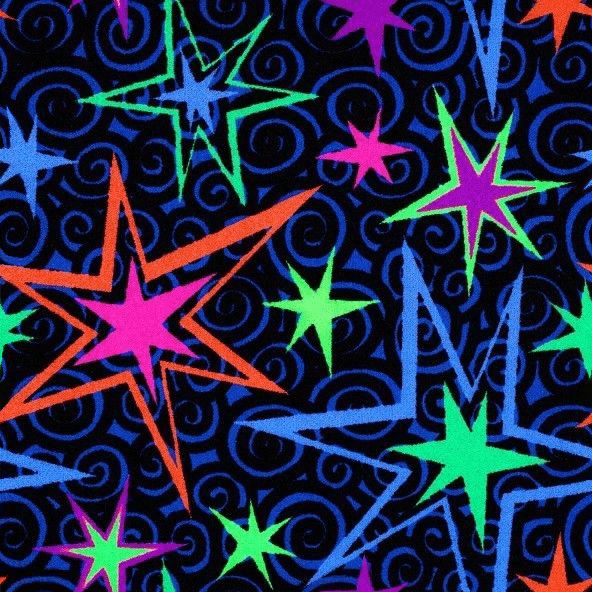 arcade carpet pattern covered in misshapen colorful starbursts. the background is medium blue with small black spirals