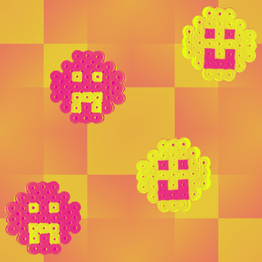 yellow and pink perler bead smiley faces on an orange checkered background
