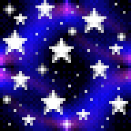White 5-pointed pixel stars over purple and blue nebula swirls in a dark sky. The pixel art is scaled up by 400%.