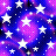 White 5-pointed pixel stars over purple and pink spiral galaxies in a dark sky. The pixel art is scaled up by 400%.