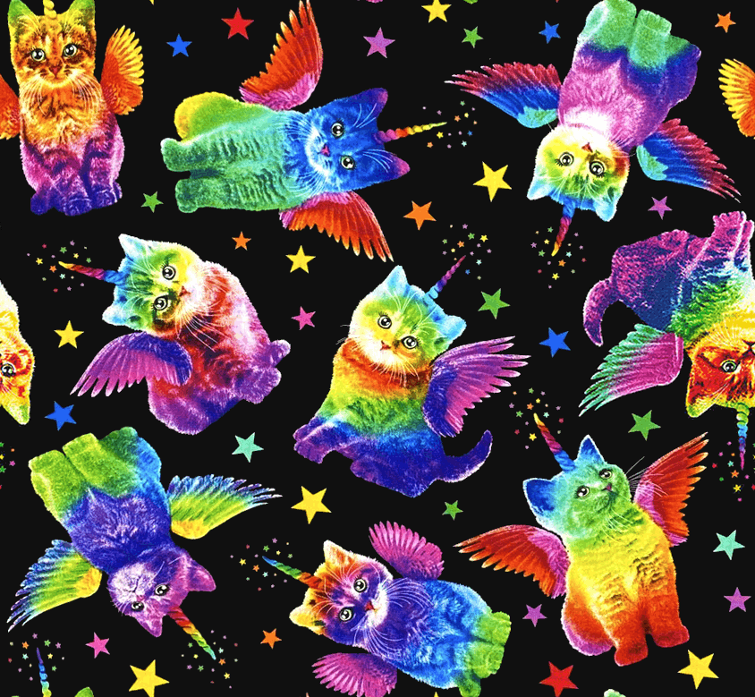 Sitting photorealistic kittens with bright rainbow fur, colorful wings, and unicorn horns. They are arranged randomly on a black background with brightly colored stars.