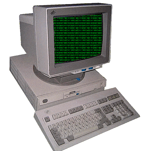 old IBM computer with green binary numbers scrolling on a black screen