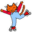 spinning cartoon cat wearing overalls and rollerskates