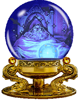 a blue orb on a gold stand. inside is a bearded wizard pondering an even smaller orb while sparkles and bats fly around his head.