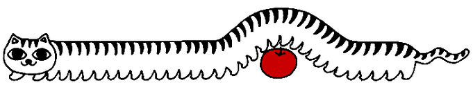 long, caterpillar-like white cat with black stripes in a cartoon style. it is smiling with its belly lifted up over an apple