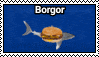 stamp of a shark with a burger body. small text above reads 'borgor'