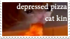'depressed pizza cat kin' stamp with picture of cat with watery eyes holding a slice of pizza in its mouth
