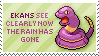 'Ekans see clearly now the rain has gone' stamp with a pixel sprite of Ekans the purple snake Pokemon on a light green background.