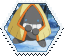 Hexagon stamp of Snorunt the yellow triangular ice Pokemon bouncing happily in the snow.