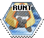 'Runt' hexagon stamp with Snorunt the yellow triangular ice Pokemon bouncing happily in the snow. It has black outlined text and a diagonally striped texture overlay.