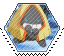 Hexagon stamp of Snorunt the yellow triangular ice Pokemon bouncing happily in the snow. It has a diagonally striped texture overlay.