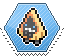 Hexagon stamp of Snorunt the yellow triangular ice Pokemon in mini pixel sprite form on a blue background.