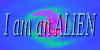 'i am an alien' stamp with slowly swirling blue, purple, and pink background