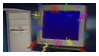 old pc stamp with brightly flashing question mark on screen and colorful zigzags emerging from monitor