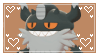Stamp of Perrserker the cat Pokemon shown shoulders up with white hearts on a brown background.
