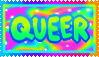 'queer' stamp written in bubble letters on a pastel swirled rainbow background