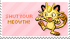 'Shut your Meowth' stamp with a pixel sprite of Meowth the cat Pokemon on a light pink background.