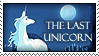 'The Last Unicorn' stamp with a screenshot from the animated film of a white unicorn looking up at the moon.