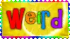 stamp with the word 'weird' spinning around on a yellow background