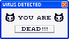 Blue and gray Windows popup stamp titled 'Virus detected' with the error message 'You are dead.' There is a pixel skull with pointed black ears/horns on either side of the message.