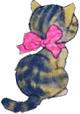 drawing of a brown and gray tabby facing away from the viewer with a large pink bow on the back of its neck
