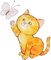 drawing of an orange tabby cat batting cheerfully at a pink butterfly