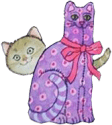 drawing of a tan tabby cat peeking out excitedly from behind a tall, purple-spotted cat plushie