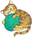 drawing of a brown tabby cat with all four paws around a ball of green yarn