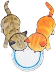 drawing of a brown cat and an orange cat drinking from a blue and white saucer, shown from above