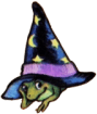 green frog lounging under a black and purple starry witch hat