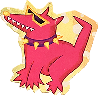 grinning red hellhound wearing a spiked collar and shades