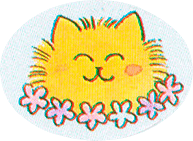 smiling yellow cat head with flowers around its neck and baby blue background