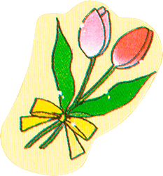 a pair of red and pink tulips tied together with a yellow bow