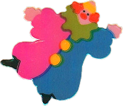 simple stylized clown with light skin and a large red nose, dressed in blue and pink