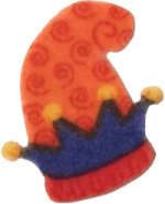 fuzzy orange hat with bells and red spirals