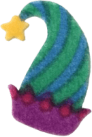 fuzzy green and blue striped pointy hat with a star on the end