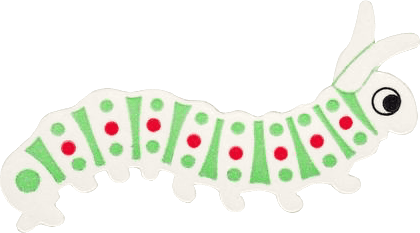 cartoon caterpillar in red, green, and white