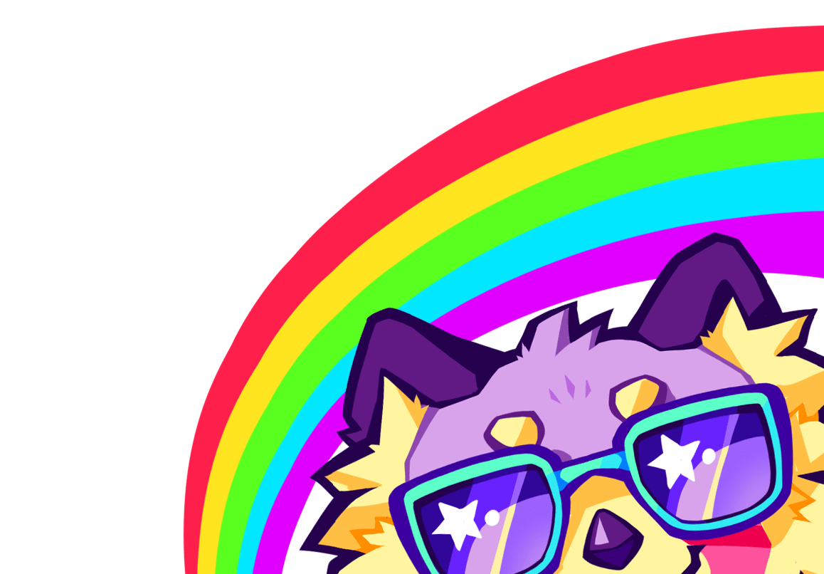 a smiling purple red panda wearing sunglasses with a rainbow behind it