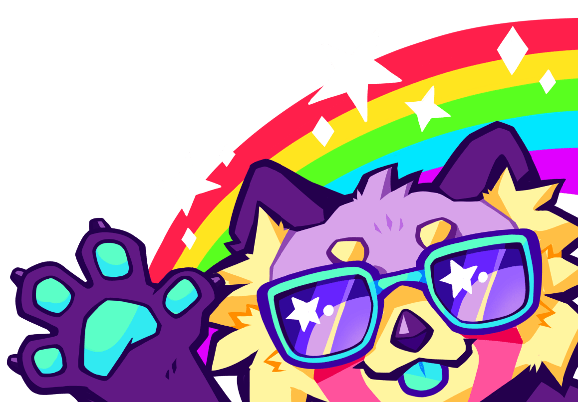 drawing of a purple and pink red panda wearing teal sunglasses waving in front of a neon rainbow