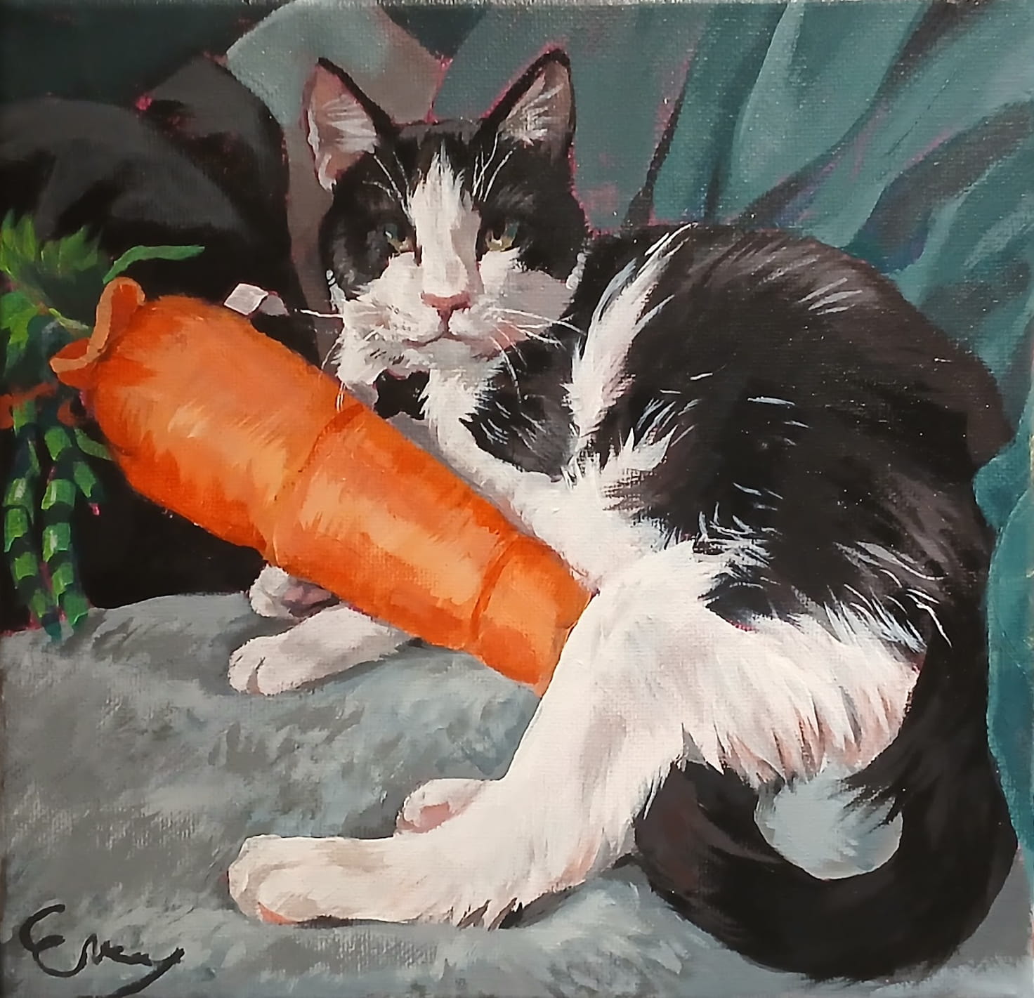 Realistic painting of a black and white cat laying on a fluffy blanket with a large stuffed carrot toy resting over his front paws. His hind leg is stretched out as he looks at the viewer with a relaxed expression. The bedding around him is in shades of gray and green.
