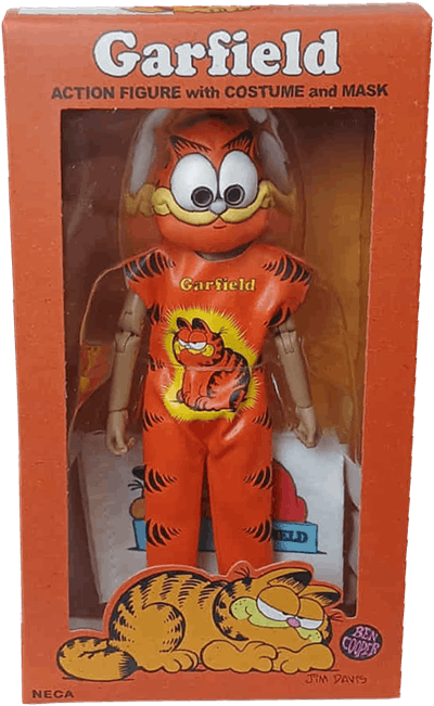 A boxed human action figure in a Garfield mask and one-piece sleeveless outfit. It looks like a poor quality mass-produced Halloween costume. The mask covers the entire head except for the shadowy, gaping holes in the pupils.