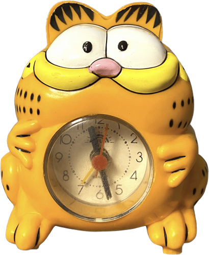 A very round smiling plastic Garfield with a small clock in his belly