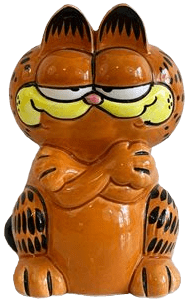 A coin bank of Garfield sitting up, crossing his arms with a smirk