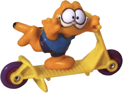 A small plastic Garfield riding a yellow scooter. He is smiling with one arm and leg raised in the air.